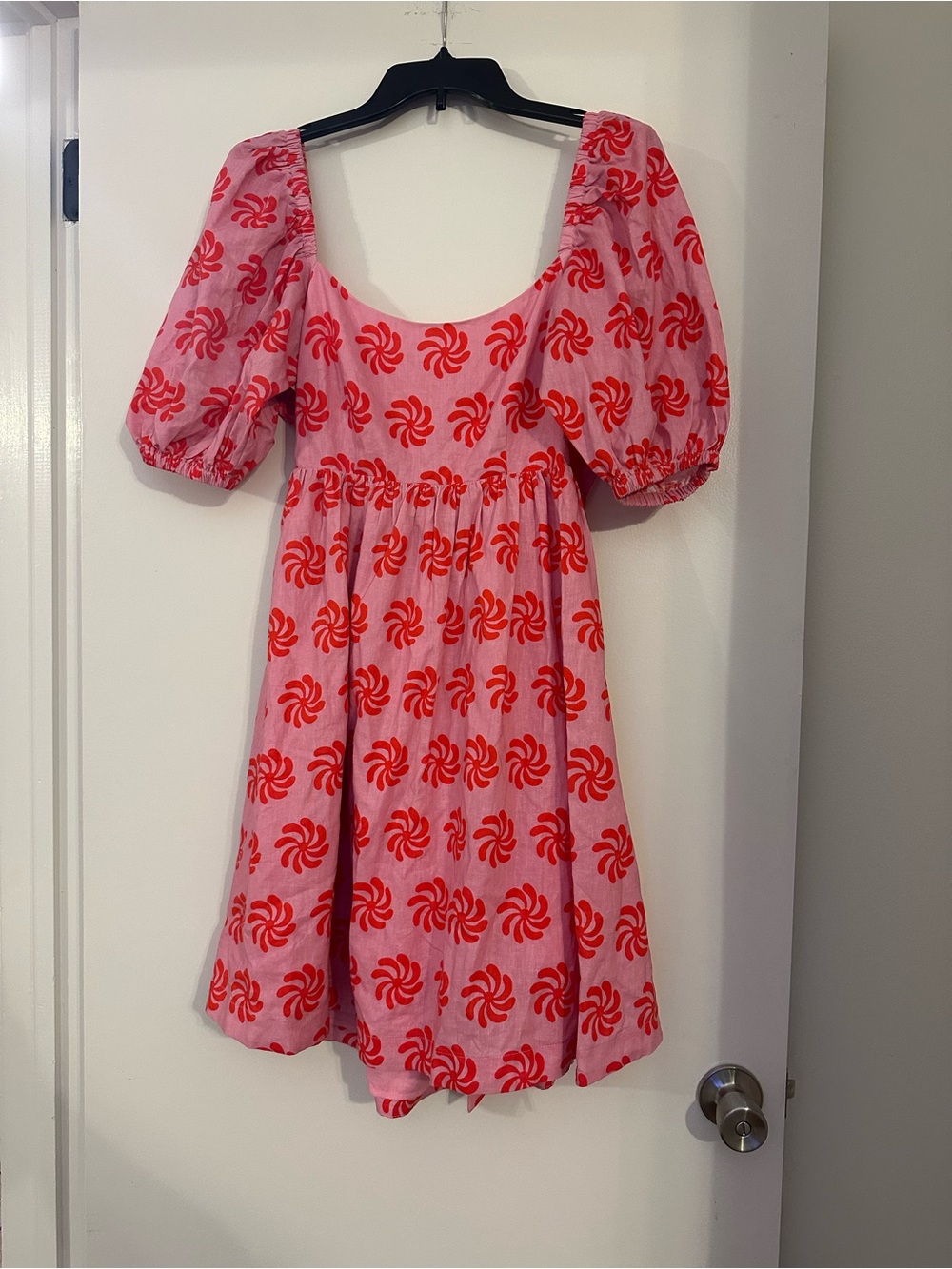 Kitri Linen Cotton Pink red Swirl Mini Dress Back Tie Bow